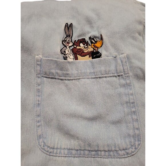 Classic Looney Tunes Denim Shirt Embroidered Bugs Bunny Taz & Daffy Duck Light B - Picture 3 of 4